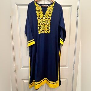 Blue & Blue Navy Kaftan with Yellow Embroidery